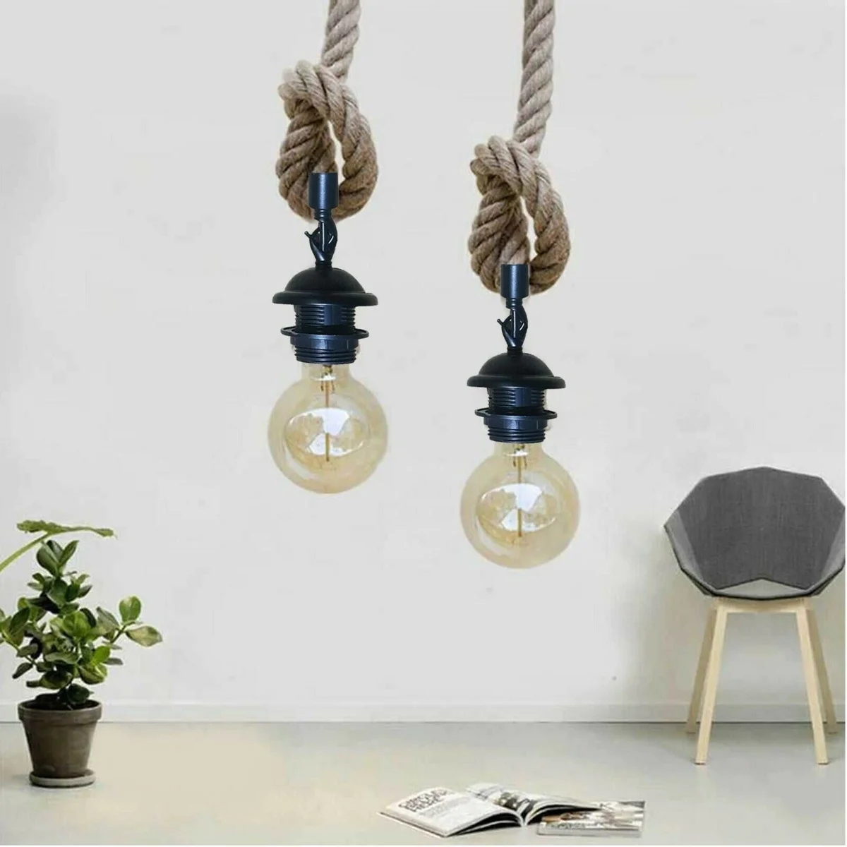 Vintage style hemp rope pendant light with double heads, metal base, and natural hemp color rope hanging fixture