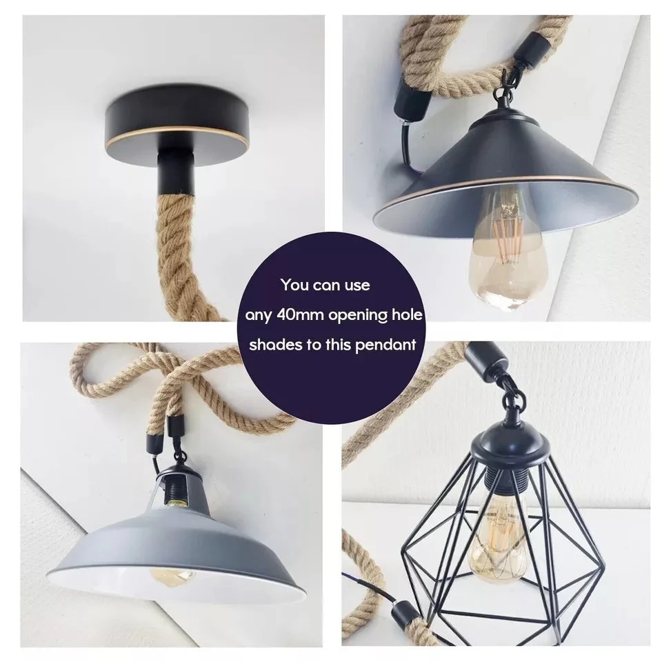 Double heads hemp rope lamp hanging with natural hemp rope and metal fixtures in vintage industrial style lighting design