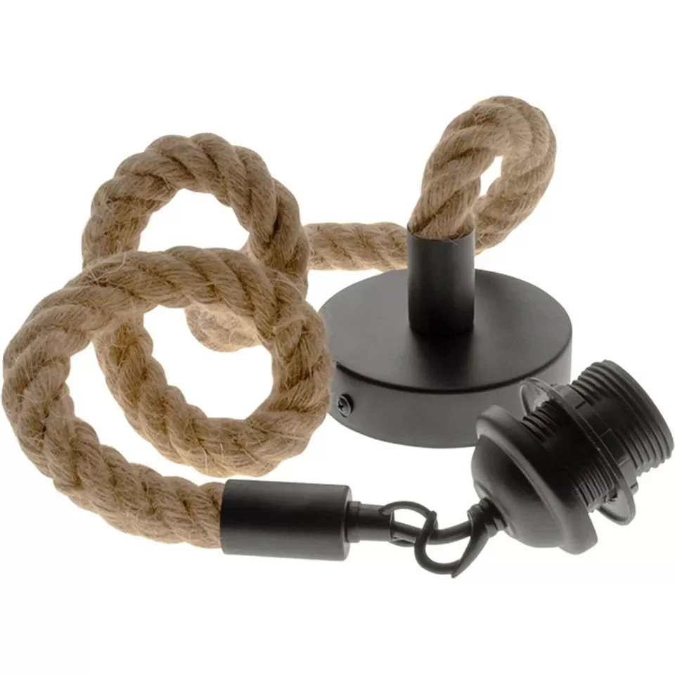 Vintage style hemp rope pendant light with metal fittings, hanging against a plain background, showing texture and design details