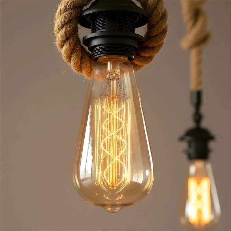 Vintage style hemp rope pendant light with double-head design hanging against a plain background