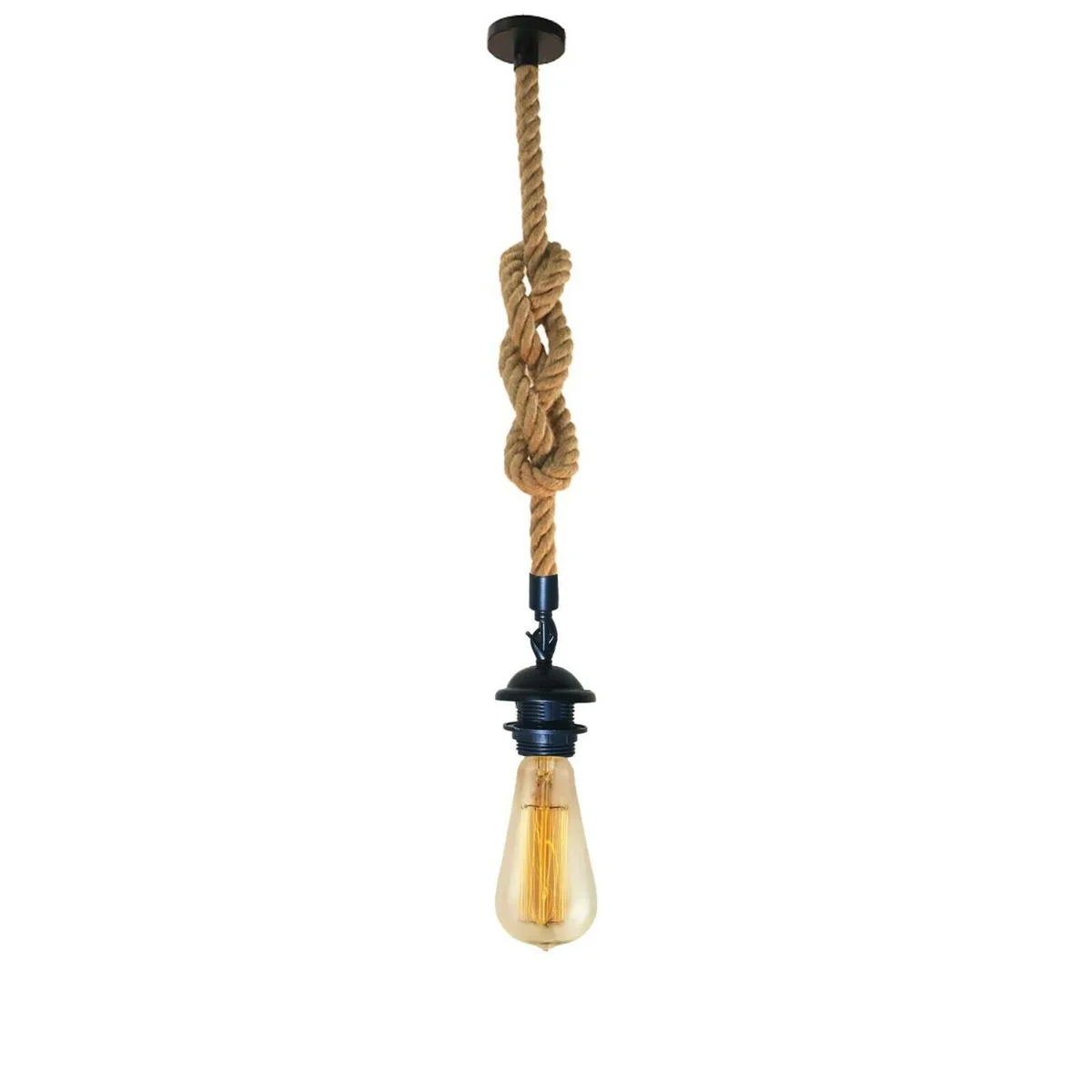Vintage style hemp rope pendant light with double heads hanging from metal base, natural hemp color, 2m length rope
