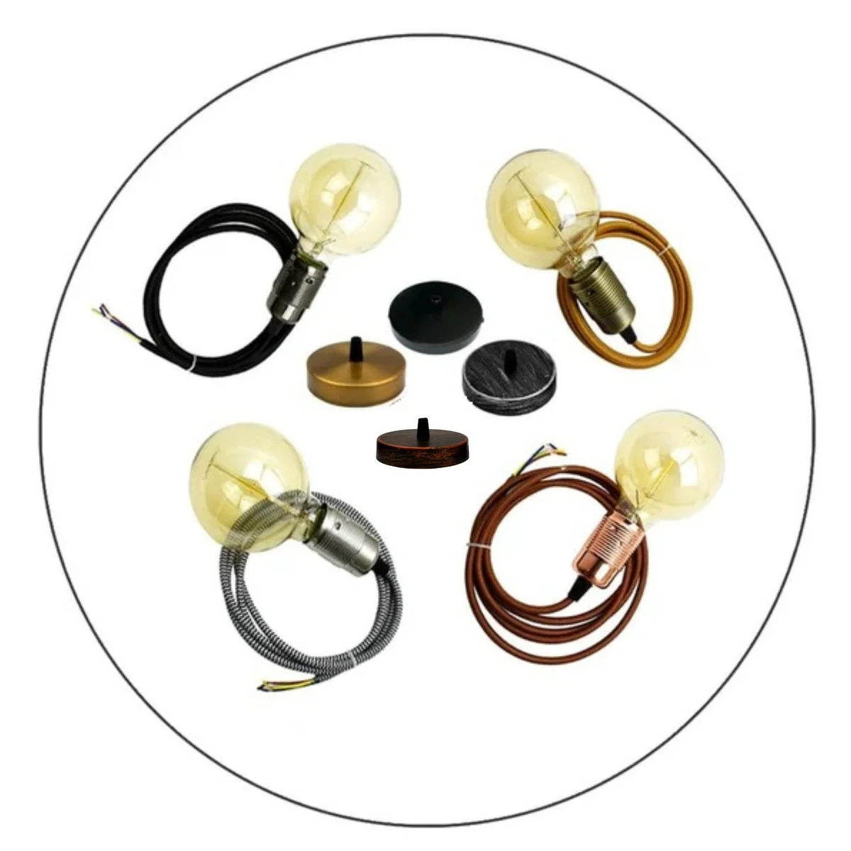 Vintage pendant lamp set with black fabric cable, ceiling rose, and dimmable E27 G95 filament bulb included