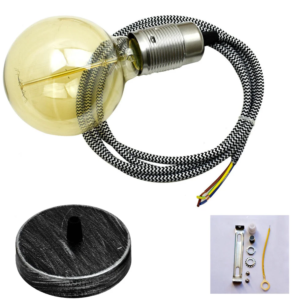 Vintage pendant lamp set with black fabric cable, ceiling rose, and dimmable E27 filament bulb included