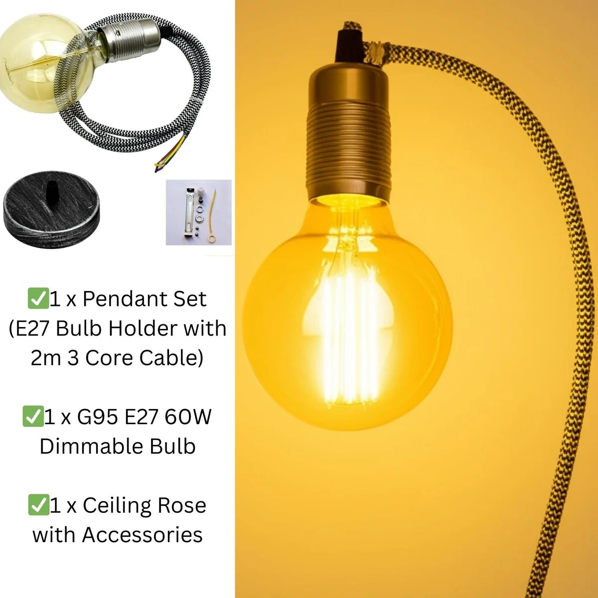 Vintage fabric cable pendant light with black and white fabric flex cord, dimmable E27 bulb, and ceiling rose kit