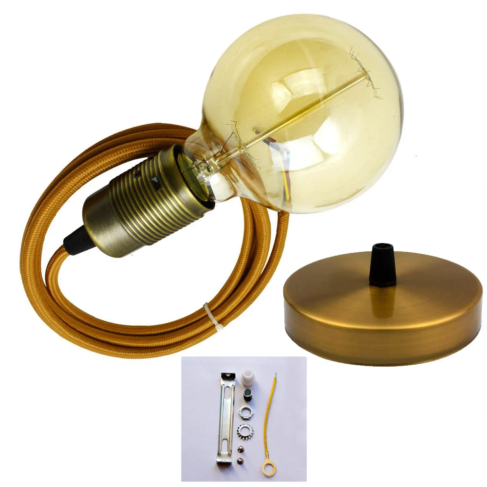 Dimmable ceiling light pendant set with black fabric cable, vintage E27 filament bulb, and ceiling rose accessories