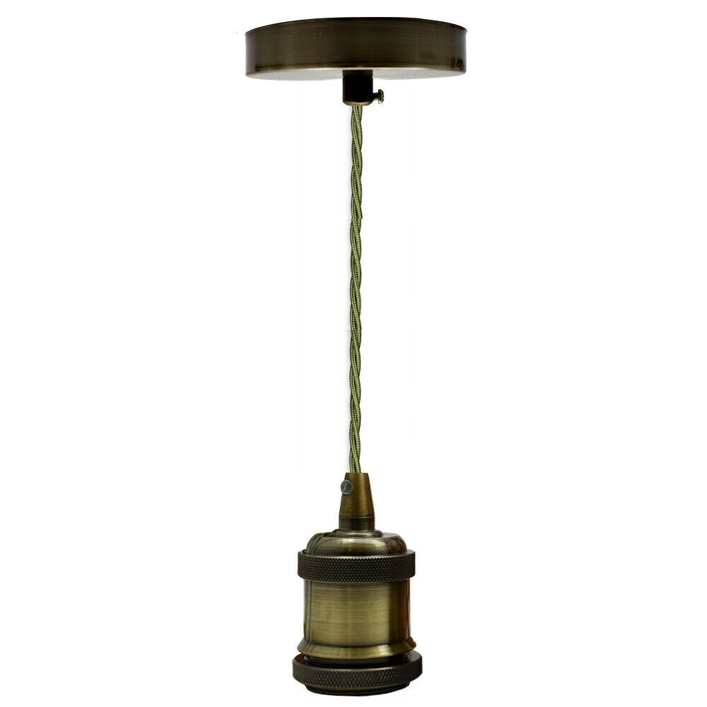 Vintage green brass pendant light with E27 holder and 90cm twisted fabric cable for ceiling suspension