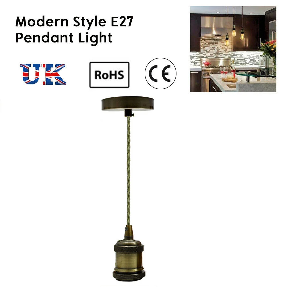 Vintage ceiling light with green brass E27 lamp holder and 90cm twisted fabric cord suspension set against white background