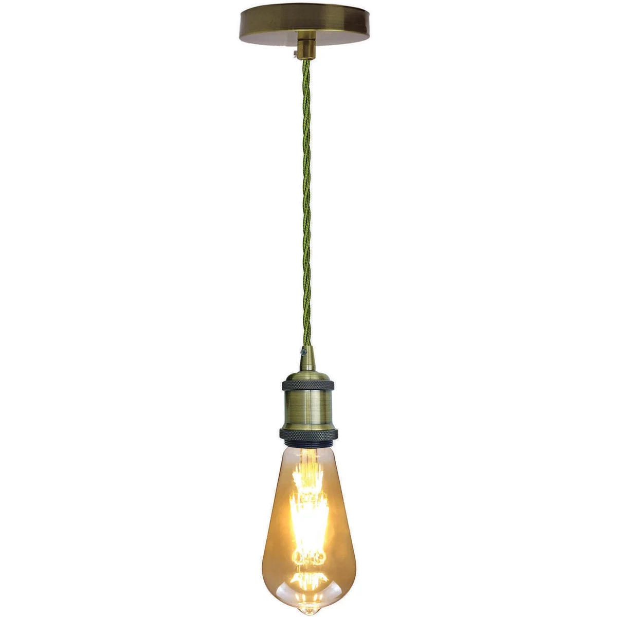 Vintage green brass industrial pendant light with fabric cord and ceiling rose shown hanging against white background