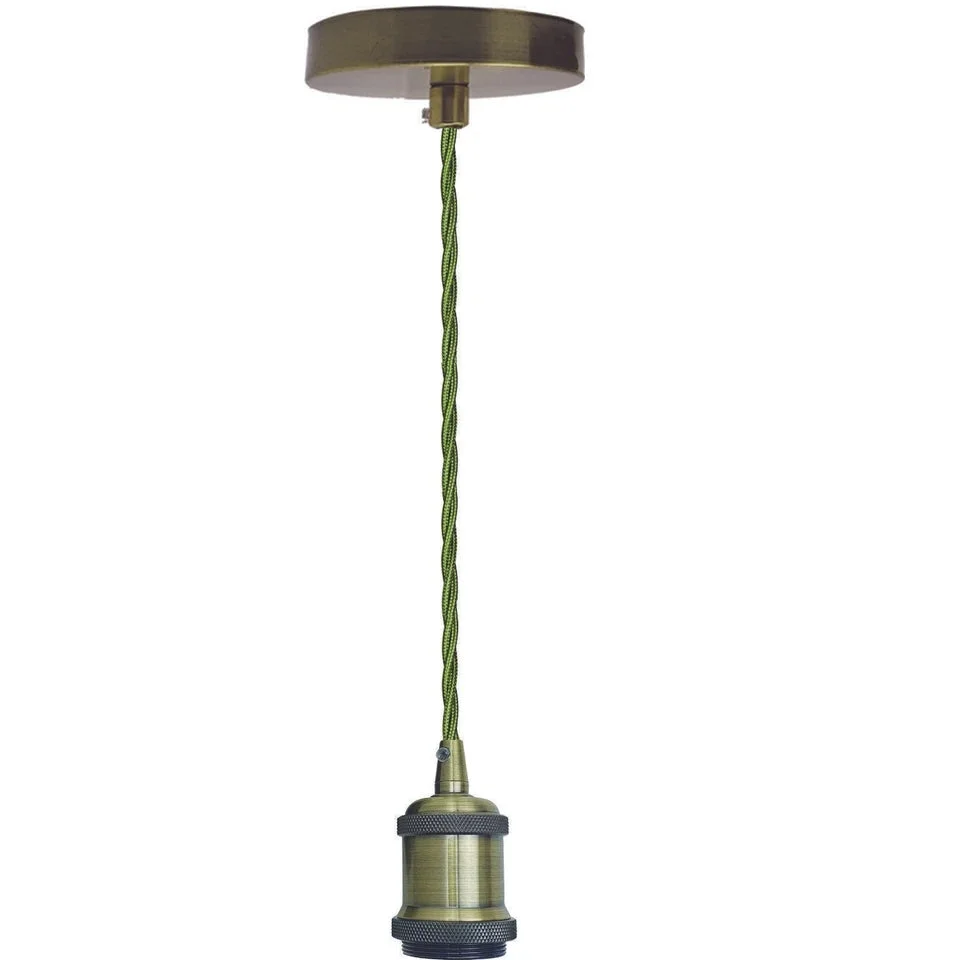 Vintage green brass pendant light with 90cm fabric cable light and E27 lamp holder, polished finish, ceiling rose included