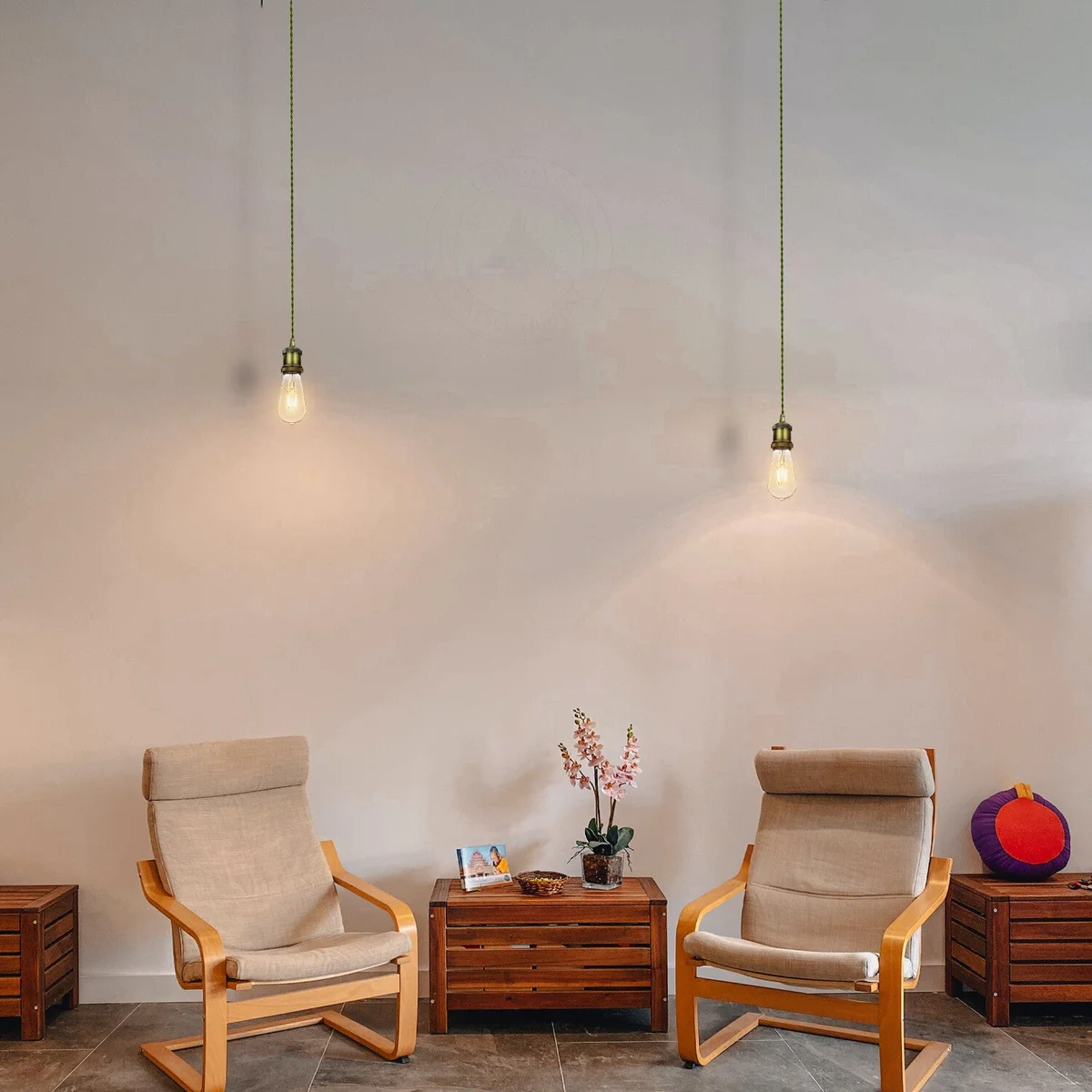 Green brass pendant light with E27 lamp holder, twisted fabric cord, and ceiling rose shown against white background