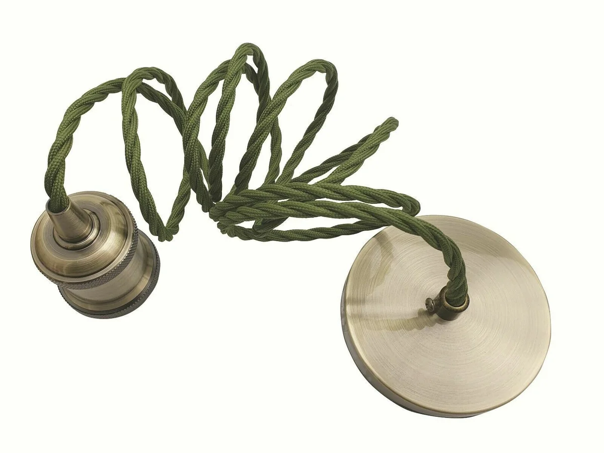 Green brass pendant light with E27 lamp holder, twisted fabric cable, and ceiling rose suspension set displayed hanging