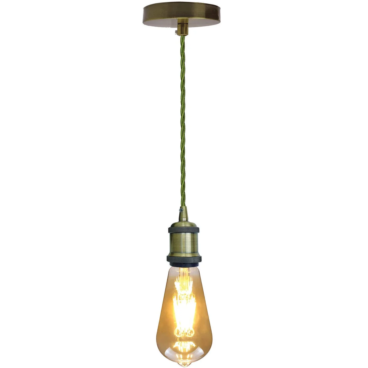 Green brass pendant light with E27 lamp holder, 90cm twisted fabric cord, and ceiling rose shown against white background