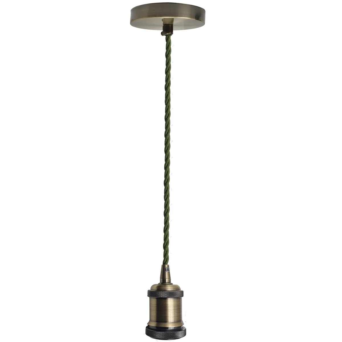 Green brass pendant light with E27 lamp holder, 90cm twisted fabric cord, and ceiling rose for suspension installation