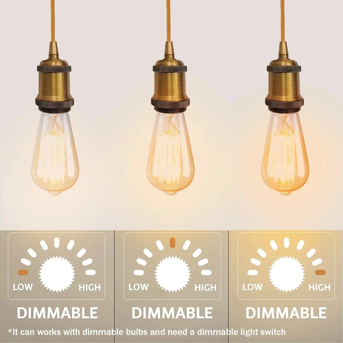 Close-up of gold 3 core twisted fabric cable with yellow brass E27 lamp holder and matching ceiling rose pendant light fitting