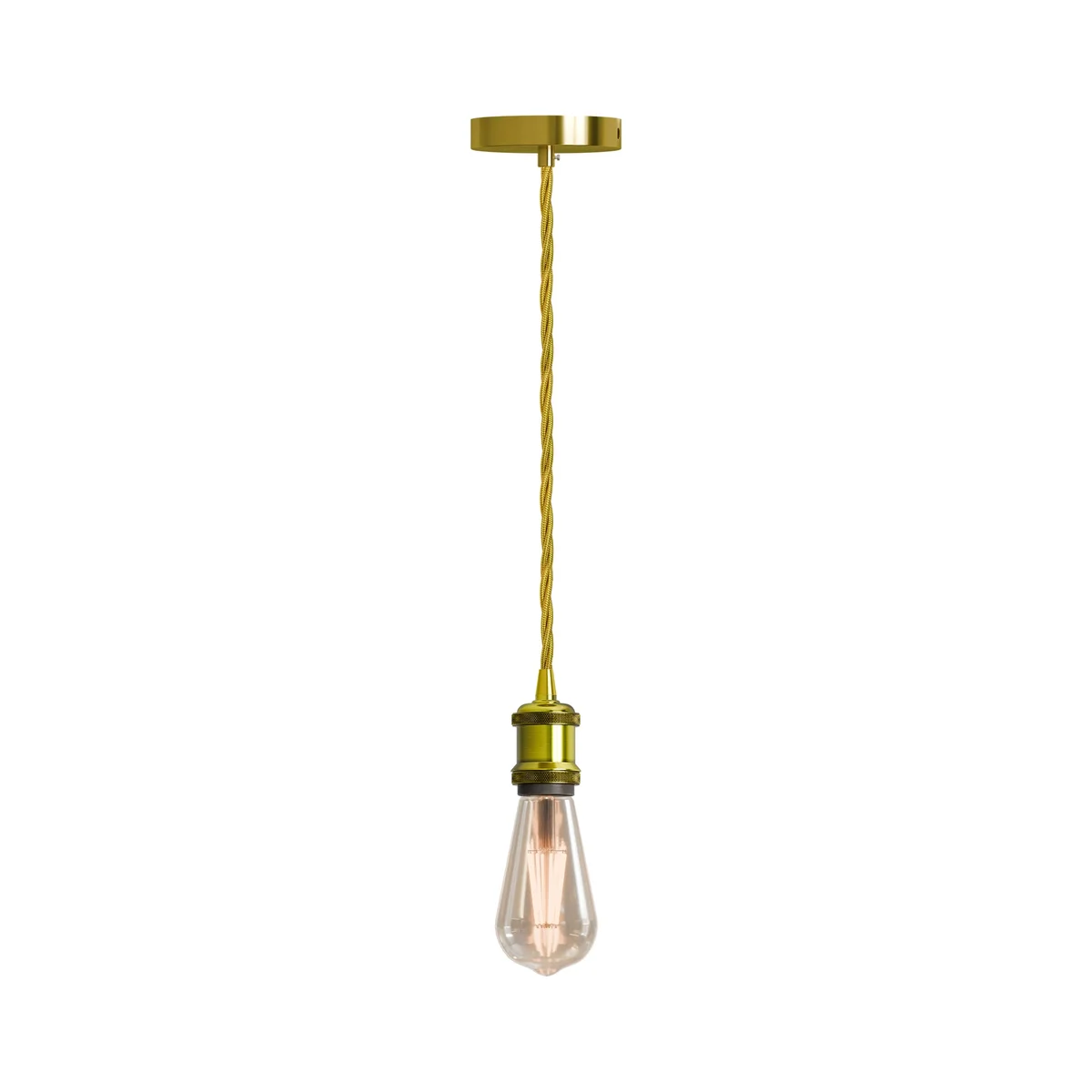 Gold 1m twisted fabric cable retro ceiling light with yellow brass E27 holder and matching ceiling rose on white background