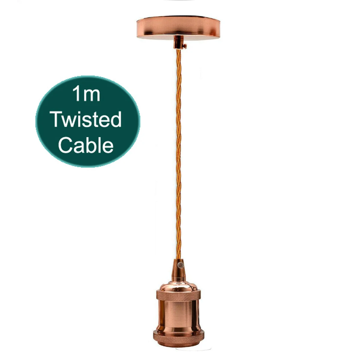 Rose gold pendant light with 1m twisted fabric cable, E27 lamp holder, and vintage ceiling rose fitting accessories