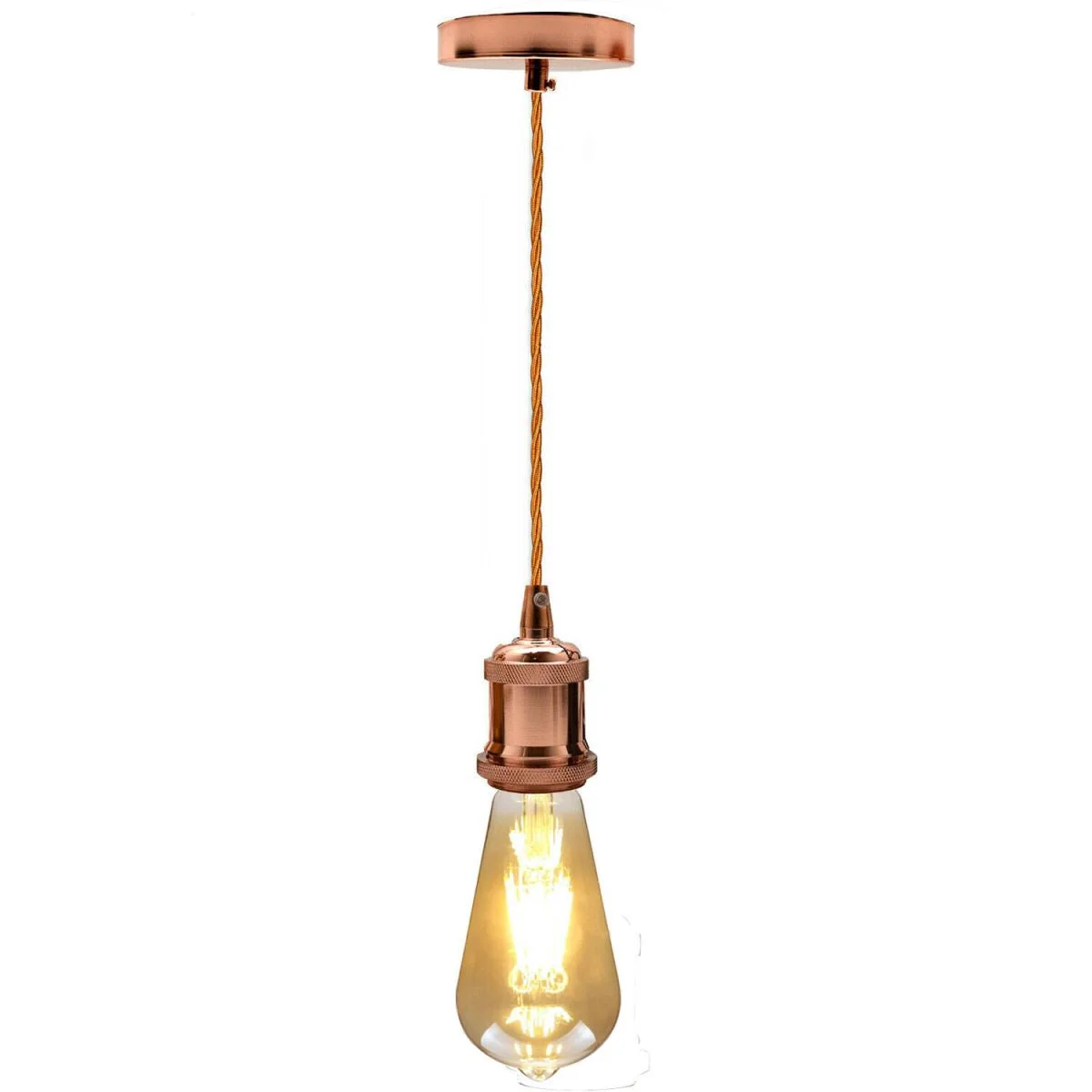 Vintage rose gold pendant light with 1 metre pendant cable, E27 holder, and twisted fabric cord against white background