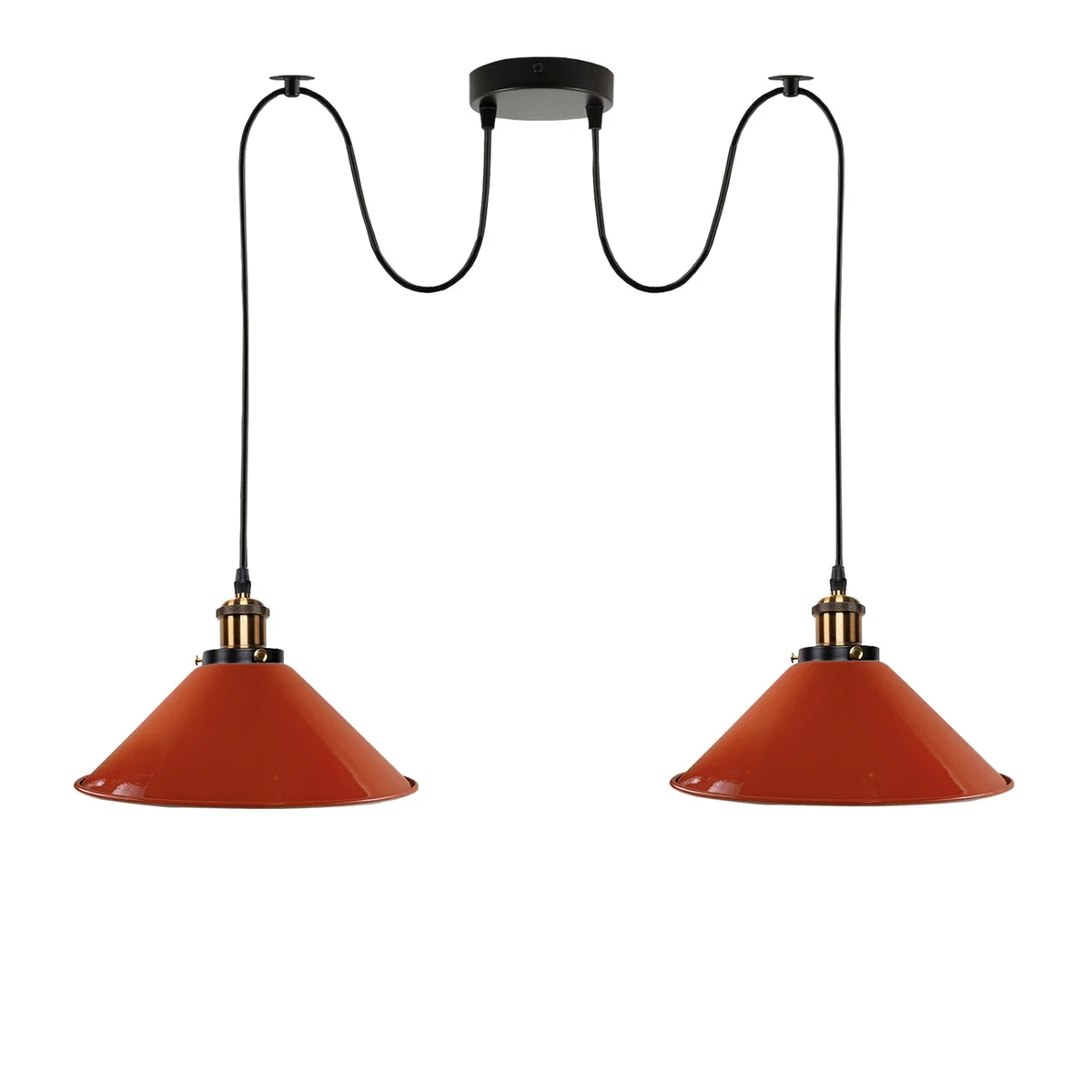 Orange retro industrial 2-way E27 hanging lamp with metal shades and 195cm PVC cables against white background