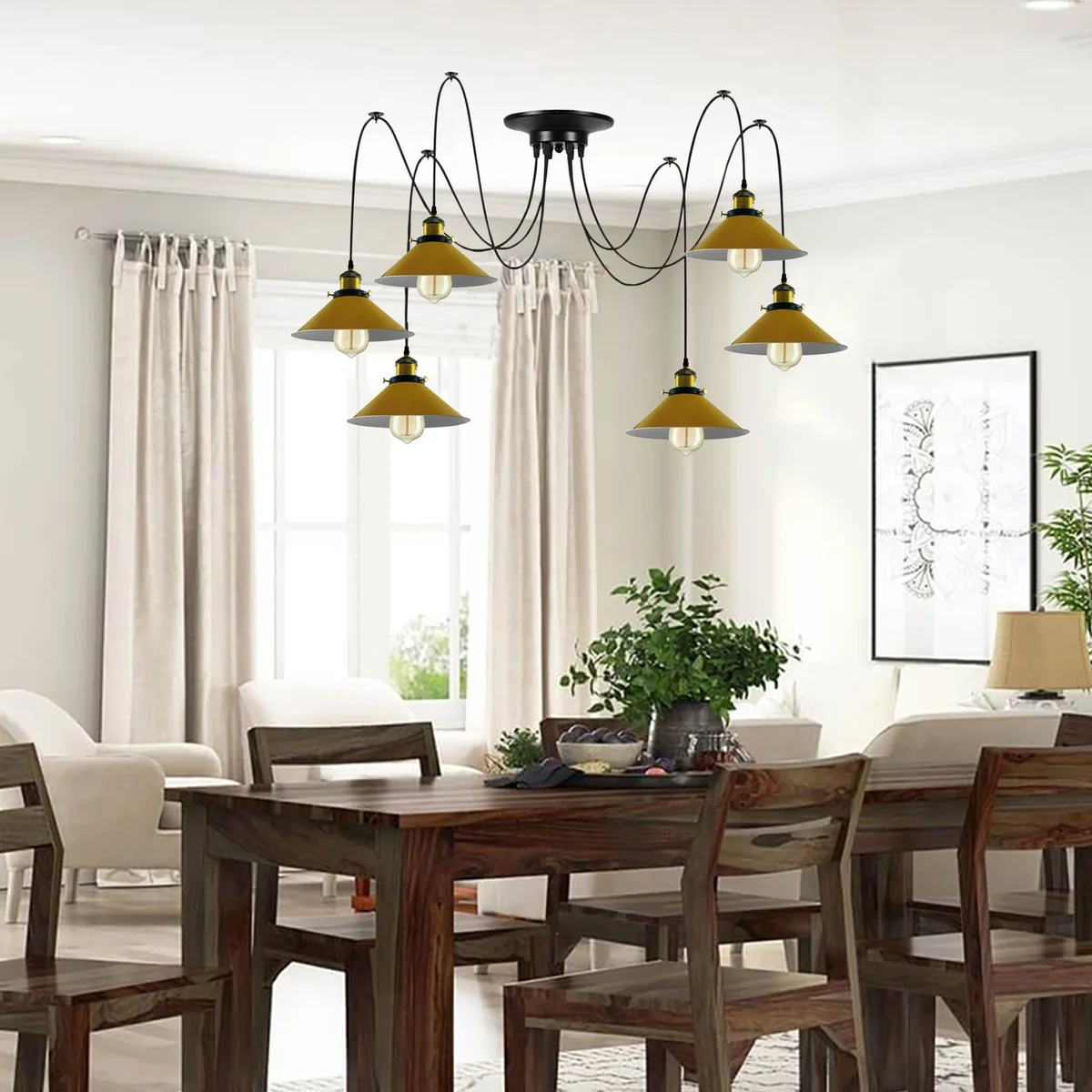 Retro spider ceiling light with six hanging yellow cone shades and Edison-style filament bulbs on metal frame