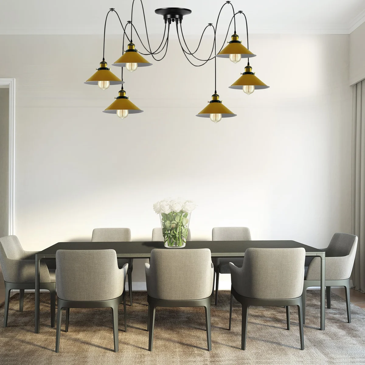 Modern Edison filament ceiling lamp with six yellow cone shades on braided metal spider frame hanging fixture