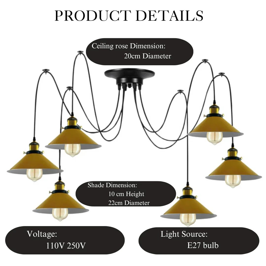 Modern yellow cone shade chandelier with six hanging braided metal arms and Edison-style filament bulbs on ceiling mount