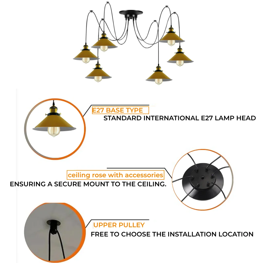 Yellow cone shades hanging from metal arms in a modern industrial style ceiling light with six bulbs and 2m cables