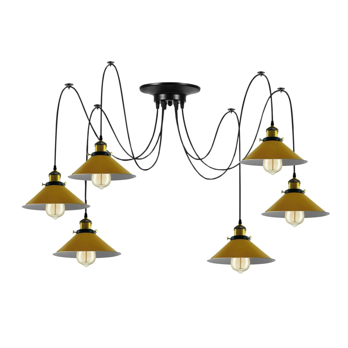 Retro spider ceiling light with six yellow cone shades hanging from metal braided arms, ideal for living rooms and cafes