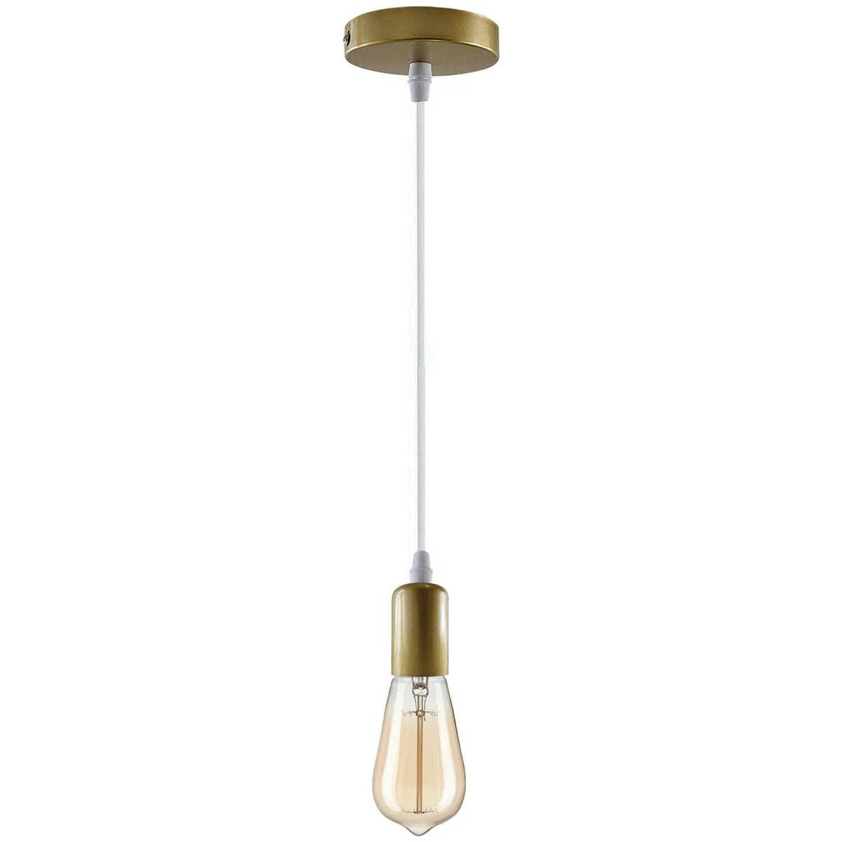 Gold modern retro ceiling light with E27 pendant holder and long PVC wire, shown hanging indoors against white background
