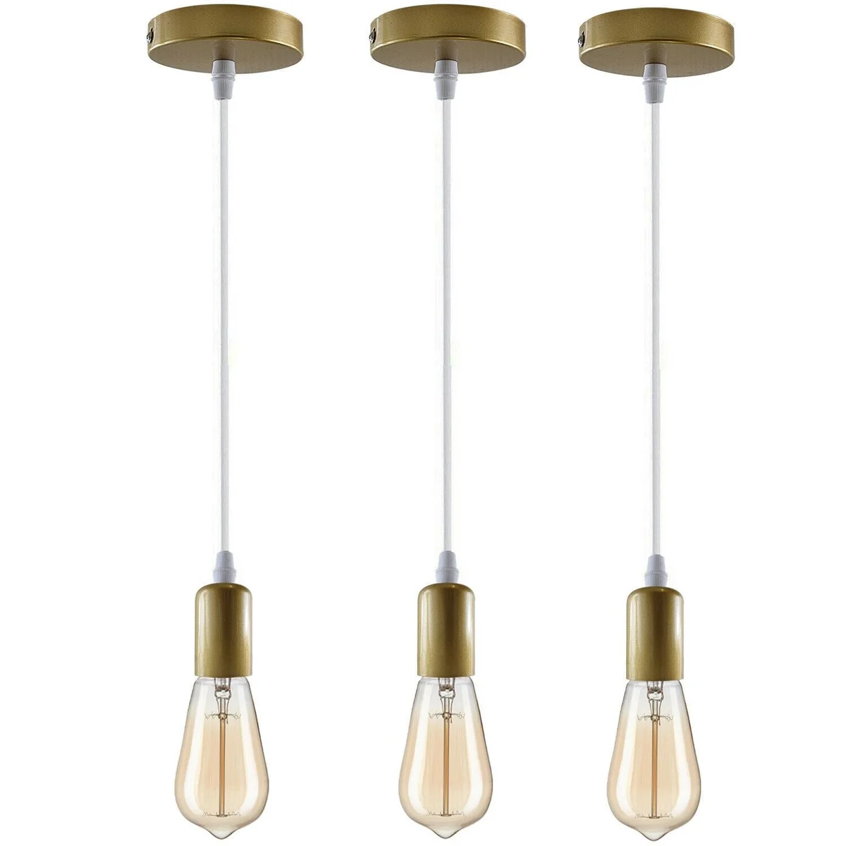 Gold metal modern retro indoor hanging light with E27 lamp holder and long PVC wire, shown against white background