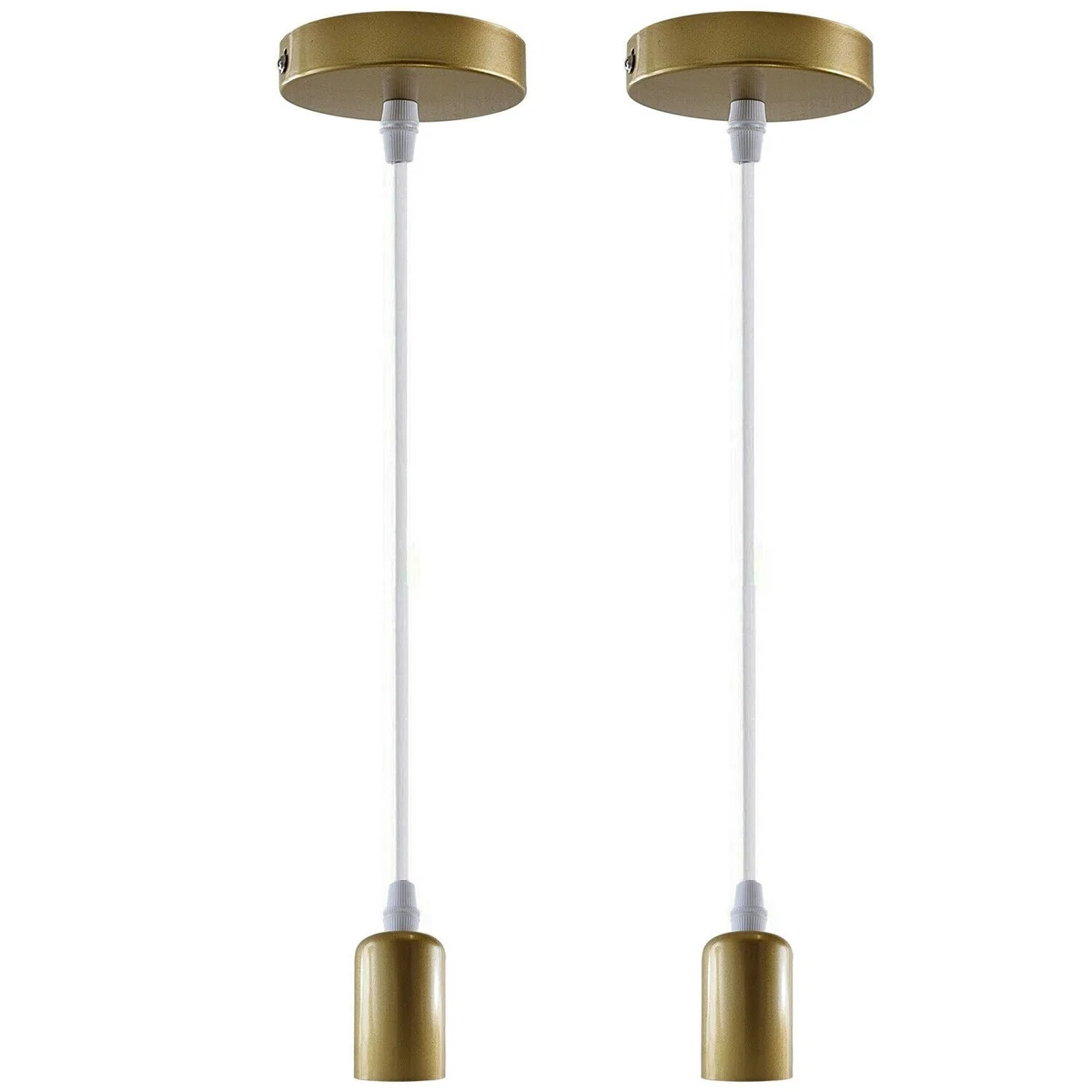 Gold pendant holder with metal and PVC wire, ceiling plate, designed for E27 bulbs, shown in modern retro style hanging setup