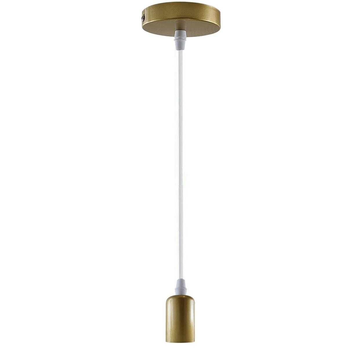 Gold modern retro E27 ceiling pendant light with metal holder and black PVC wire hanging indoors
