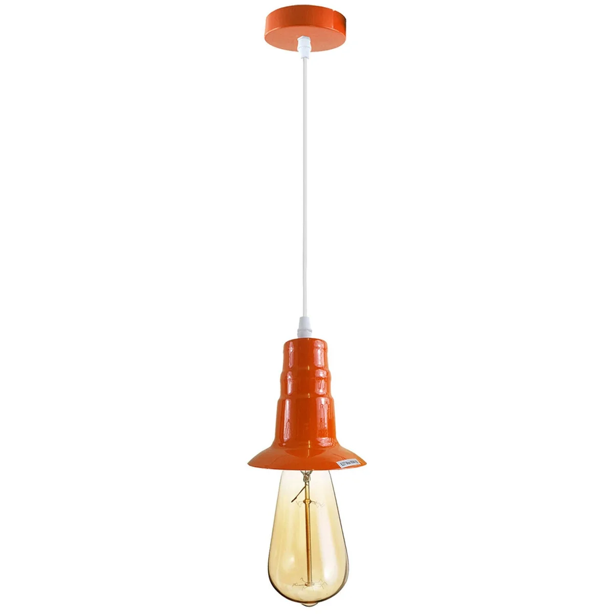 Orange pendant lamp with industrial metal and PVC design, E27 bulb holder, and 95cm wire hanging from ceiling plate