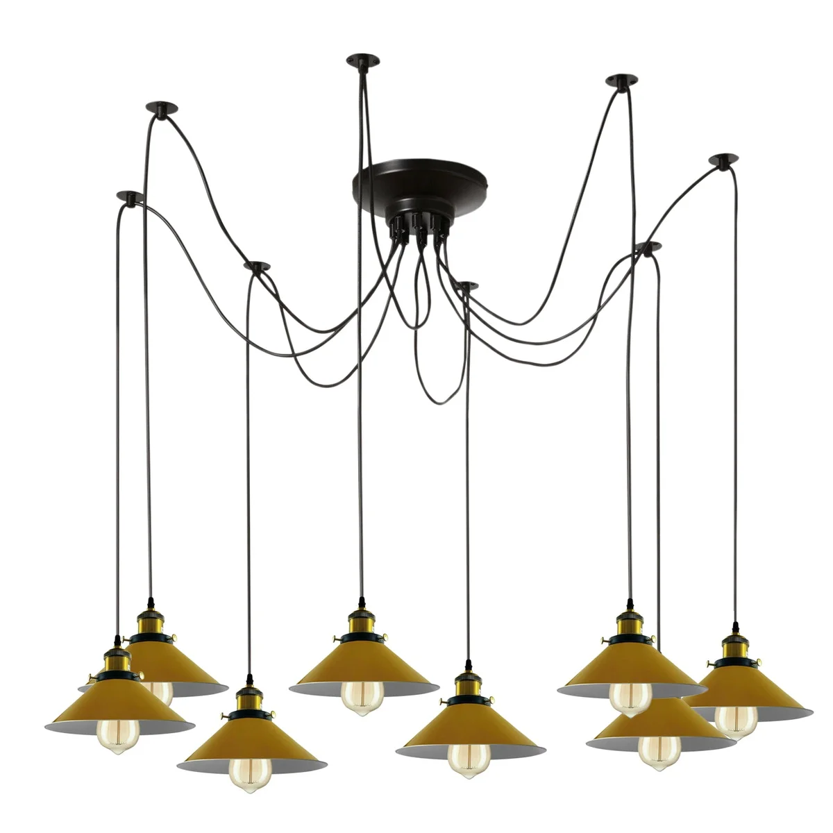 Modern pendant lamp with eight yellow braided metal arms and Edison-style filament bulbs in octopus chandelier design