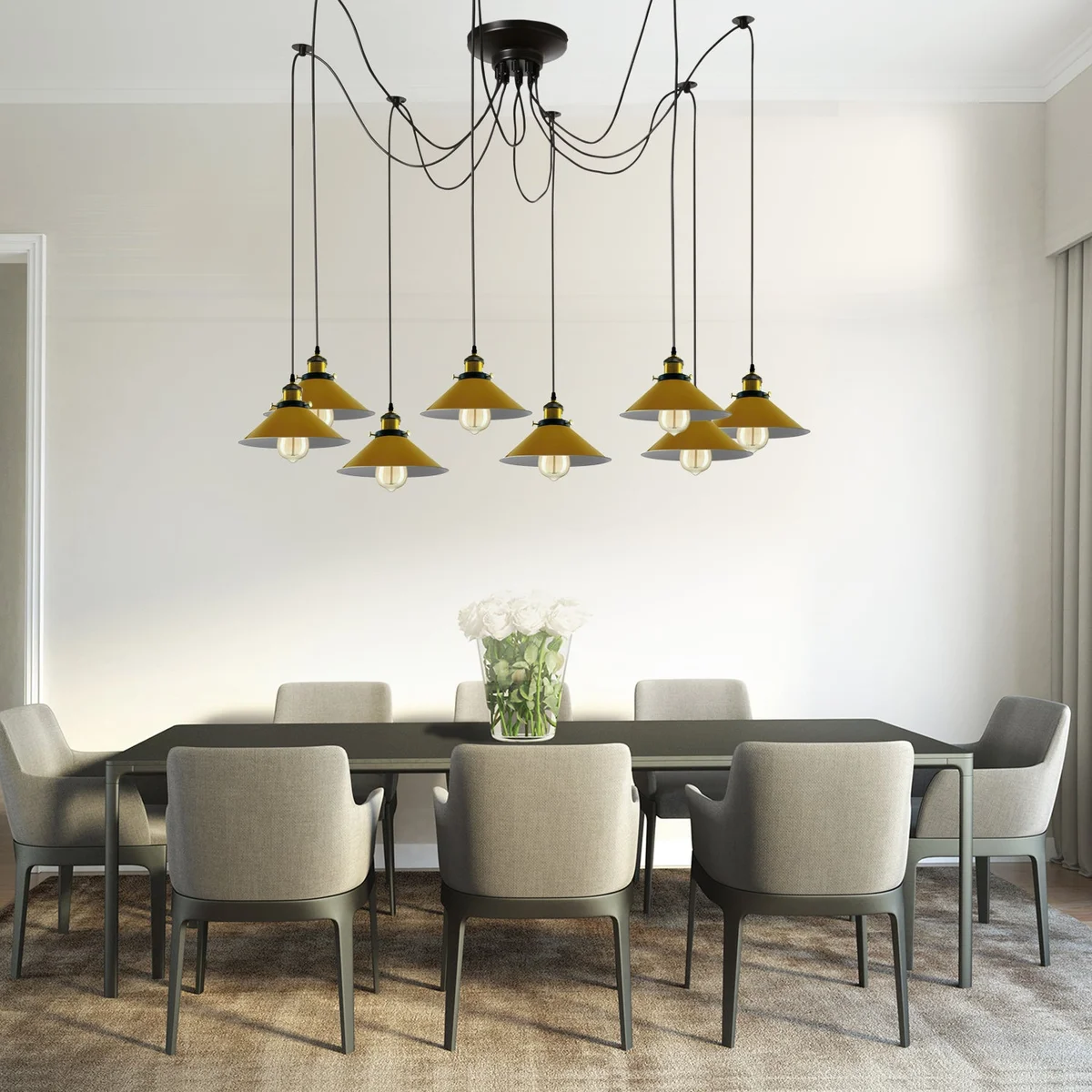 Large modern industrial ceiling light with 8 yellow braided metal spider arms and Edison-style bulbs hanging from ceiling