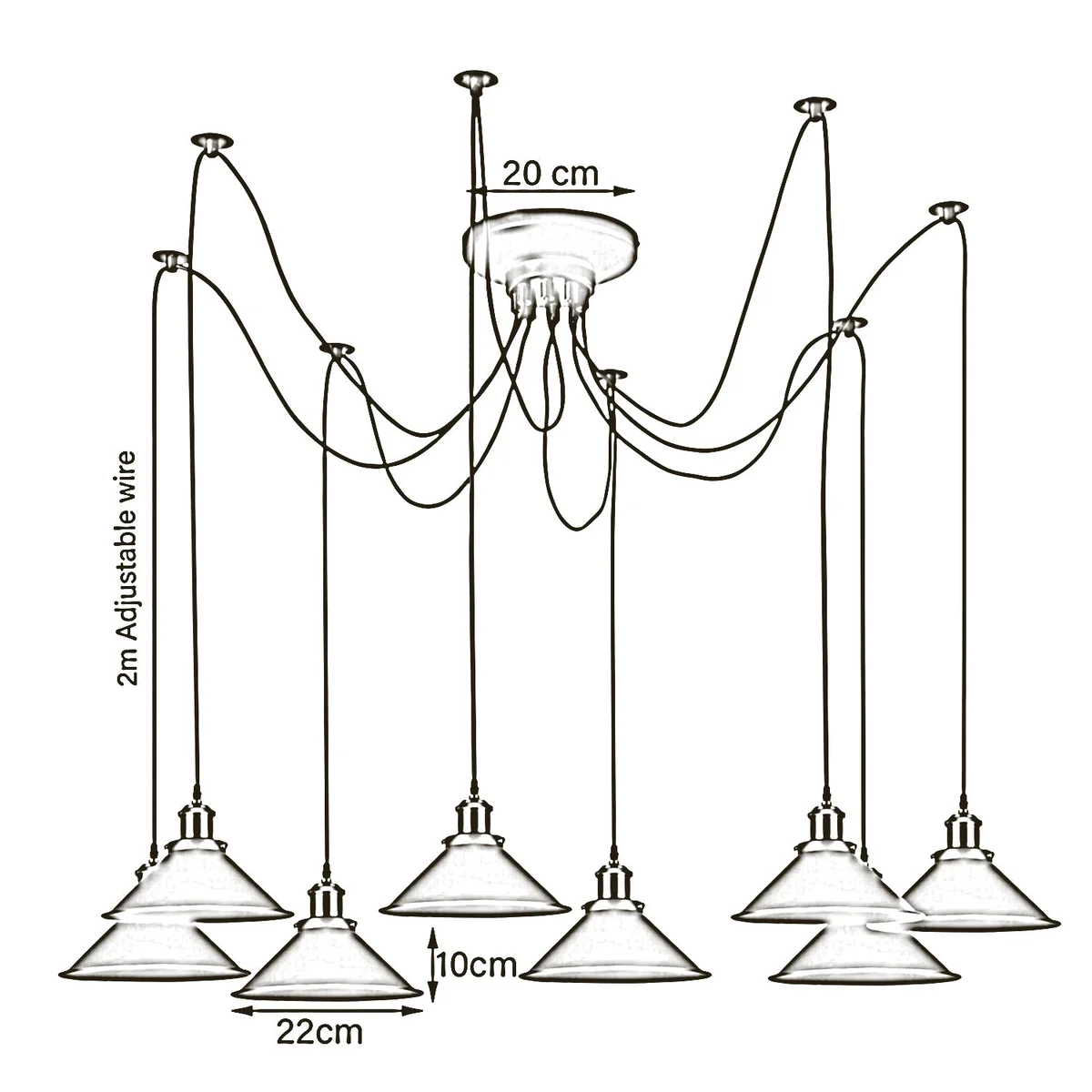 Modern large spider chandelier with eight yellow shades and Edison filament bulb light, metal and PVC materials visible
