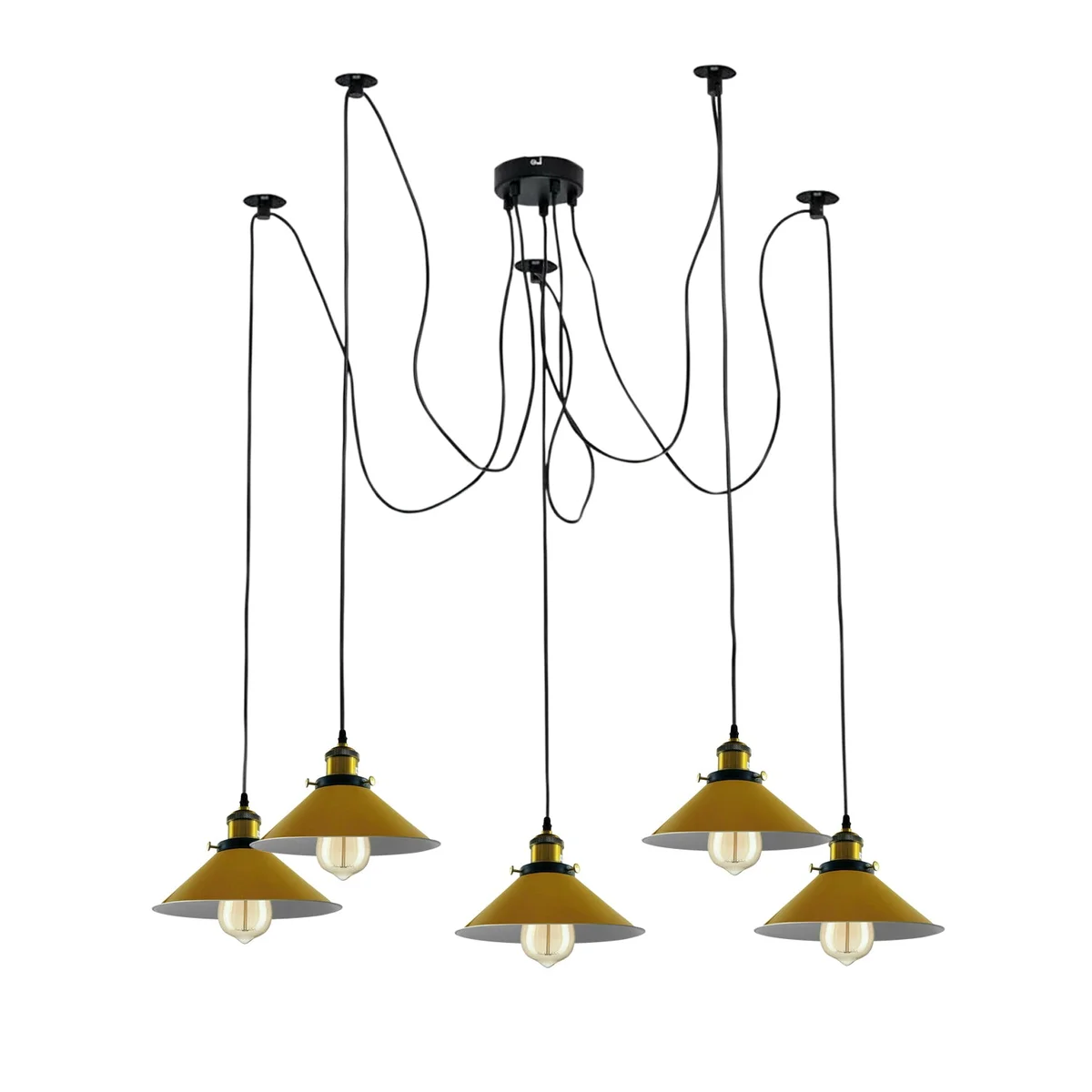 Modern industrial pendant lamp with five yellow cone shades arranged in a large braided spider cluster design