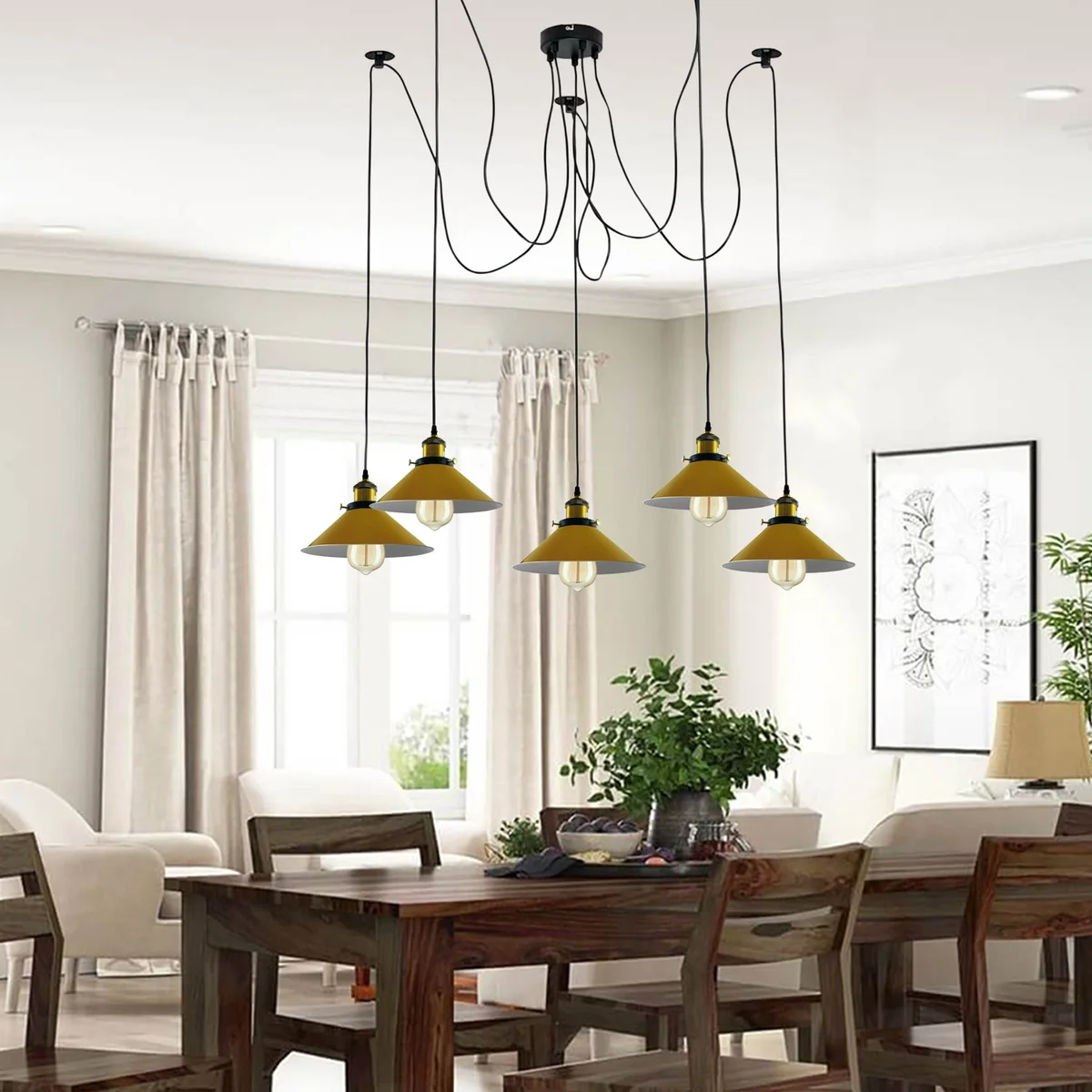 Modern spider chandelier with five yellow cone shades light hanging from metal arms on ceiling mount