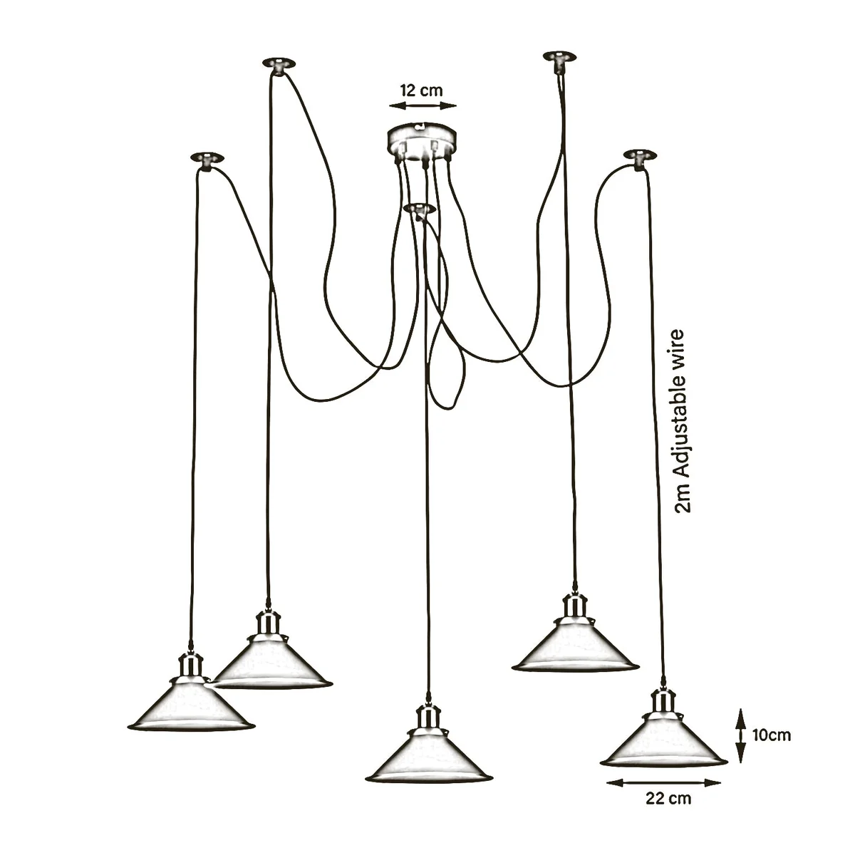 Modern 5 head chandelier light with yellow cone shades hanging from braided metal arms in a cluster design