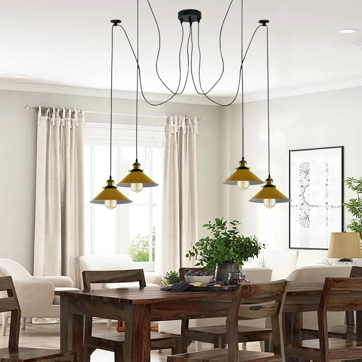 Modern large spider ceiling lamp with 4 yellow cone shades lamp hanging clusters and metal braided arms