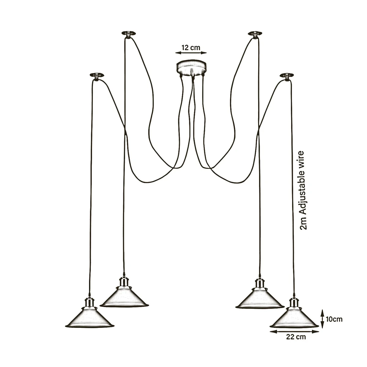 Modern metal ceiling light with four yellow cone shades in a spider chandelier design, includes E27 bulbs and 2m cables