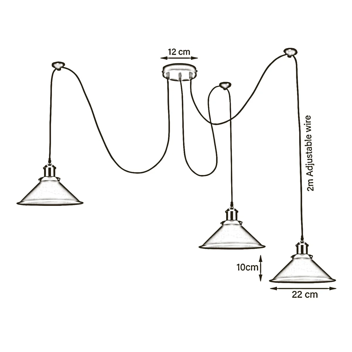 Modern retro chandelier lighting with three yellow cone shades on braided cables, adjustable arms, and Edison bulb holders