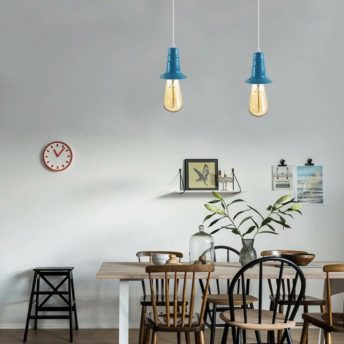 Light blue industrial pendant lamp with metal and PVC body, E27 bulb holder, and 95cm hanging wire