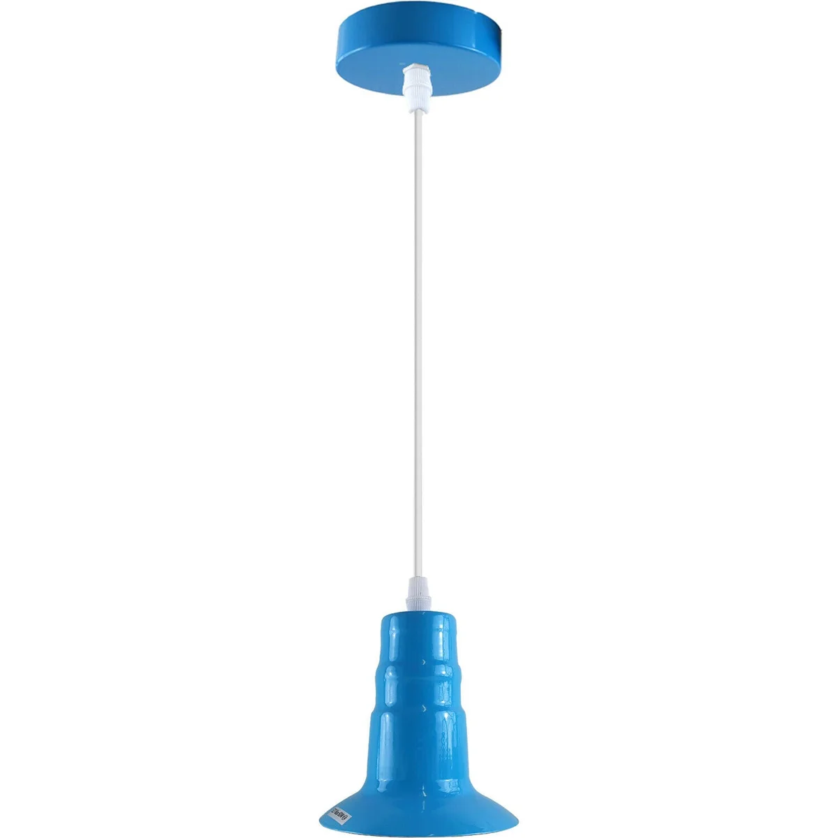 Light blue industrial metal ceiling light pendant lamp with E27 bulb holder and 95cm wire hanging from ceiling plate