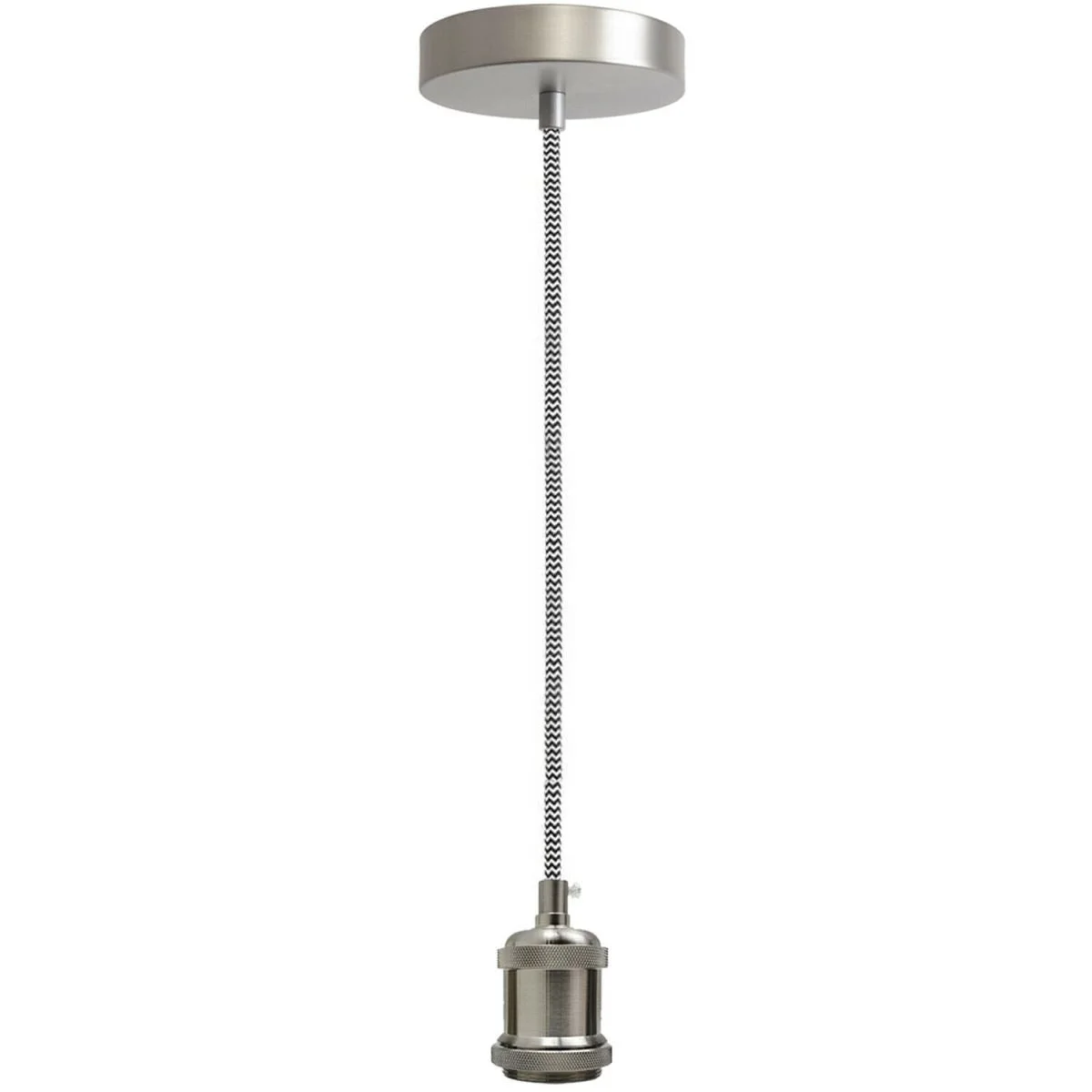 1m pendant kit with black and white vintage E27 lamp holder, round fabric cable, and matching ceiling rose in stain Nikkel finish