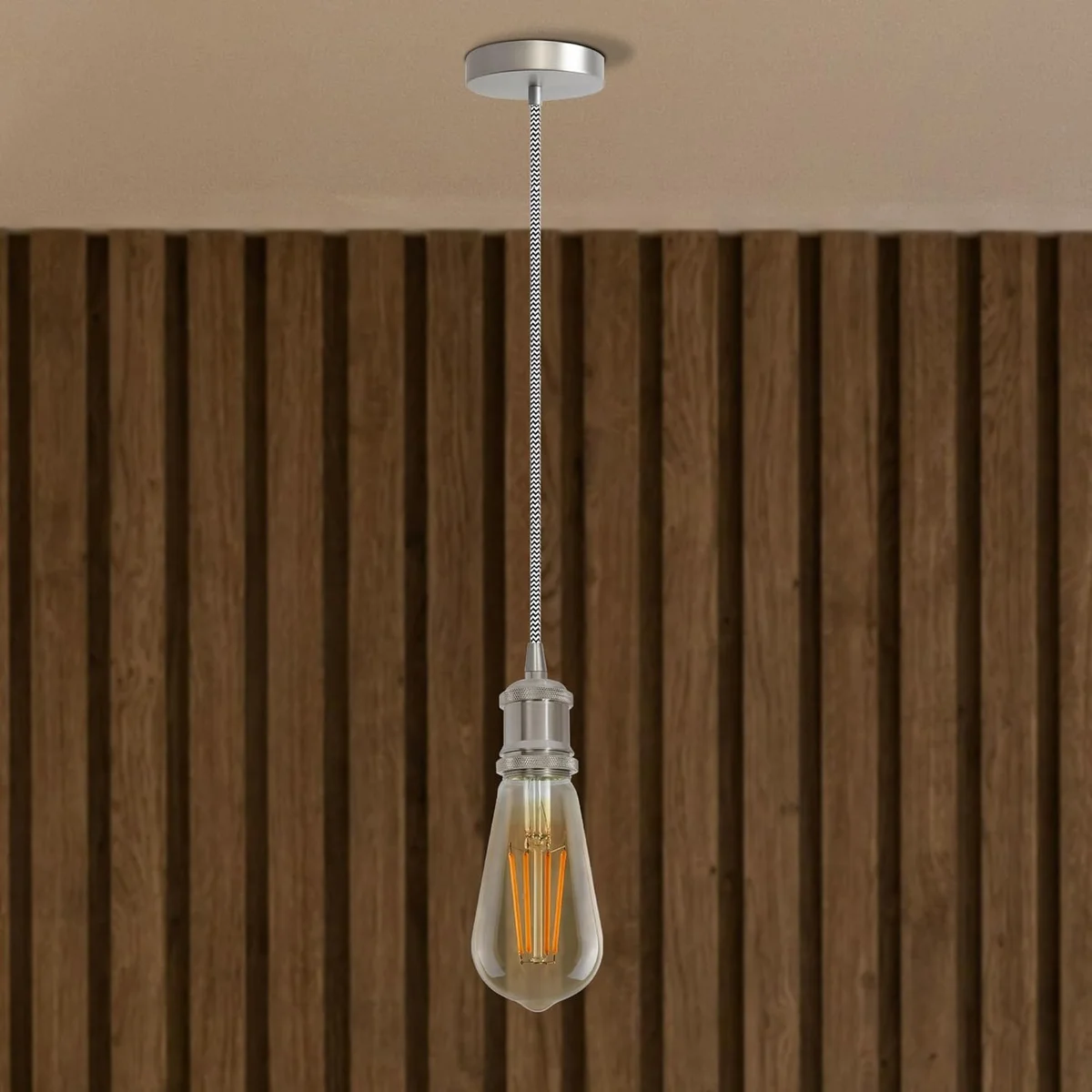 Black and white vintage pendant light with E27 metal holder, fabric cable, and ceiling rose, 1m length, no bulb included