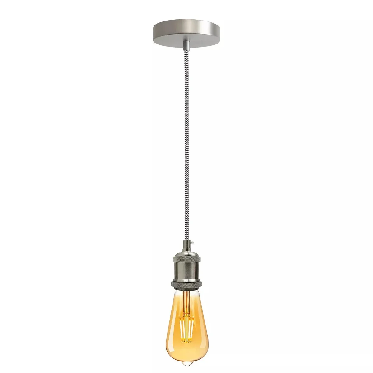 Black and white vintage pendant light with E27 holder, 1m fabric cable, and stain nickel ceiling rose on white background