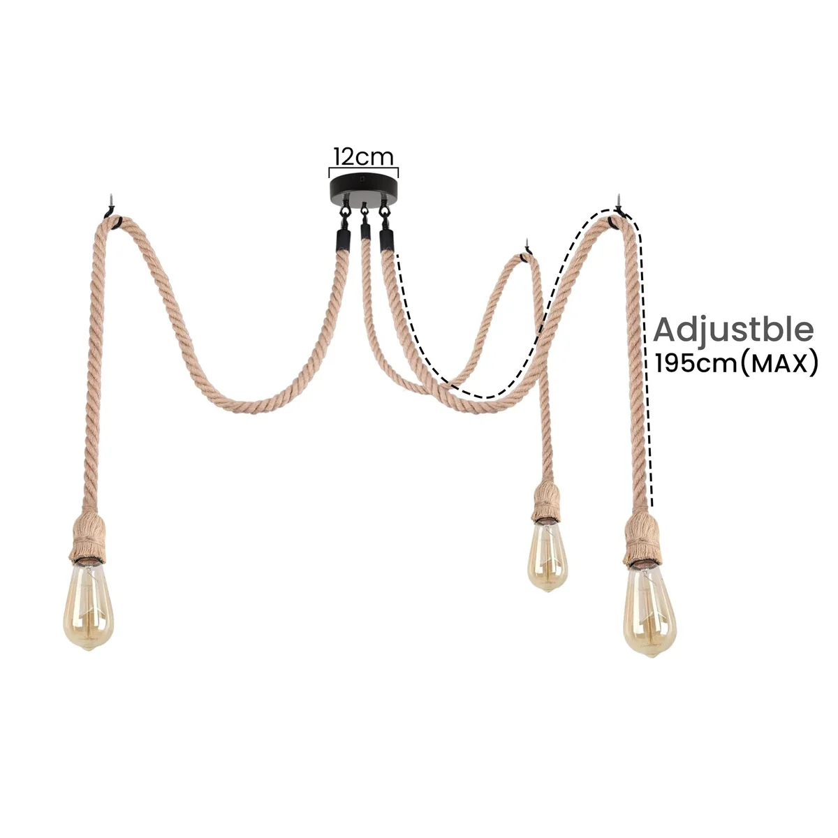 Industrial 3 bulb black metal and hemp E27 pendant lamp with 2m hemp cables hanging from ceiling plate