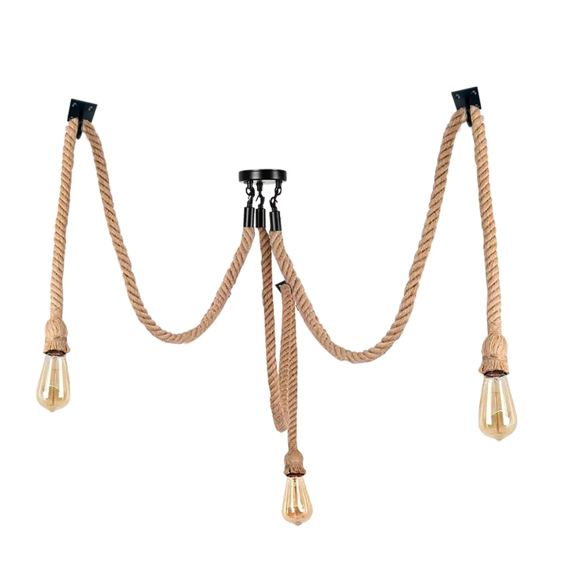 Black metal hemp pendant light with three E27 bulb holders and 2m hemp cords hanging from ceiling plate