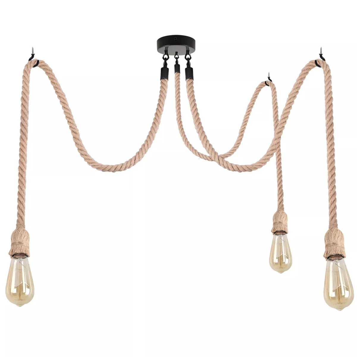 Black hemp chandelier with three exposed bulbs hanging from black metal and hemp cords against a white background