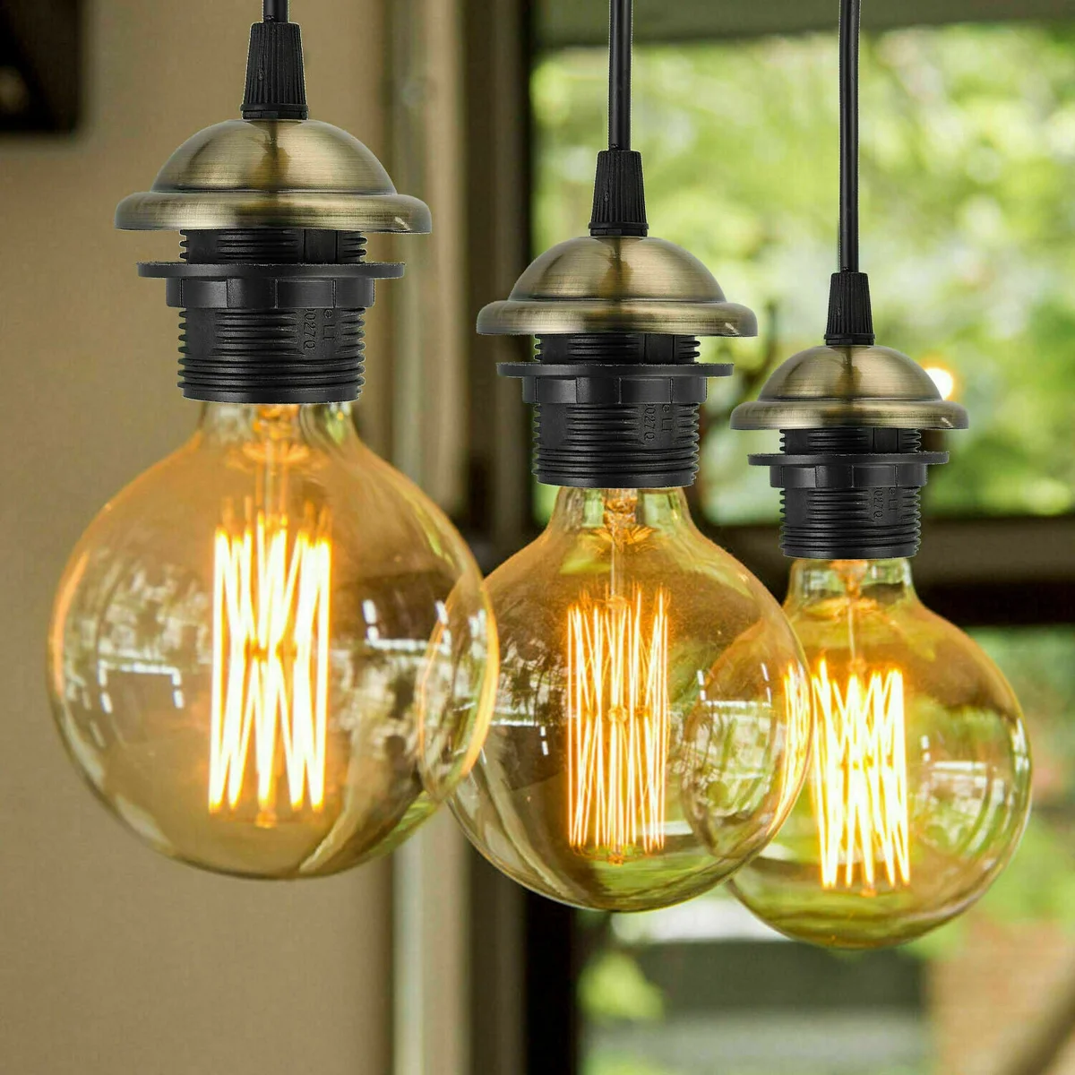 Green brass industrial ceiling pendant light with E27 bulb holder and PVC ceiling rose, vintage retro style, adjustable cable